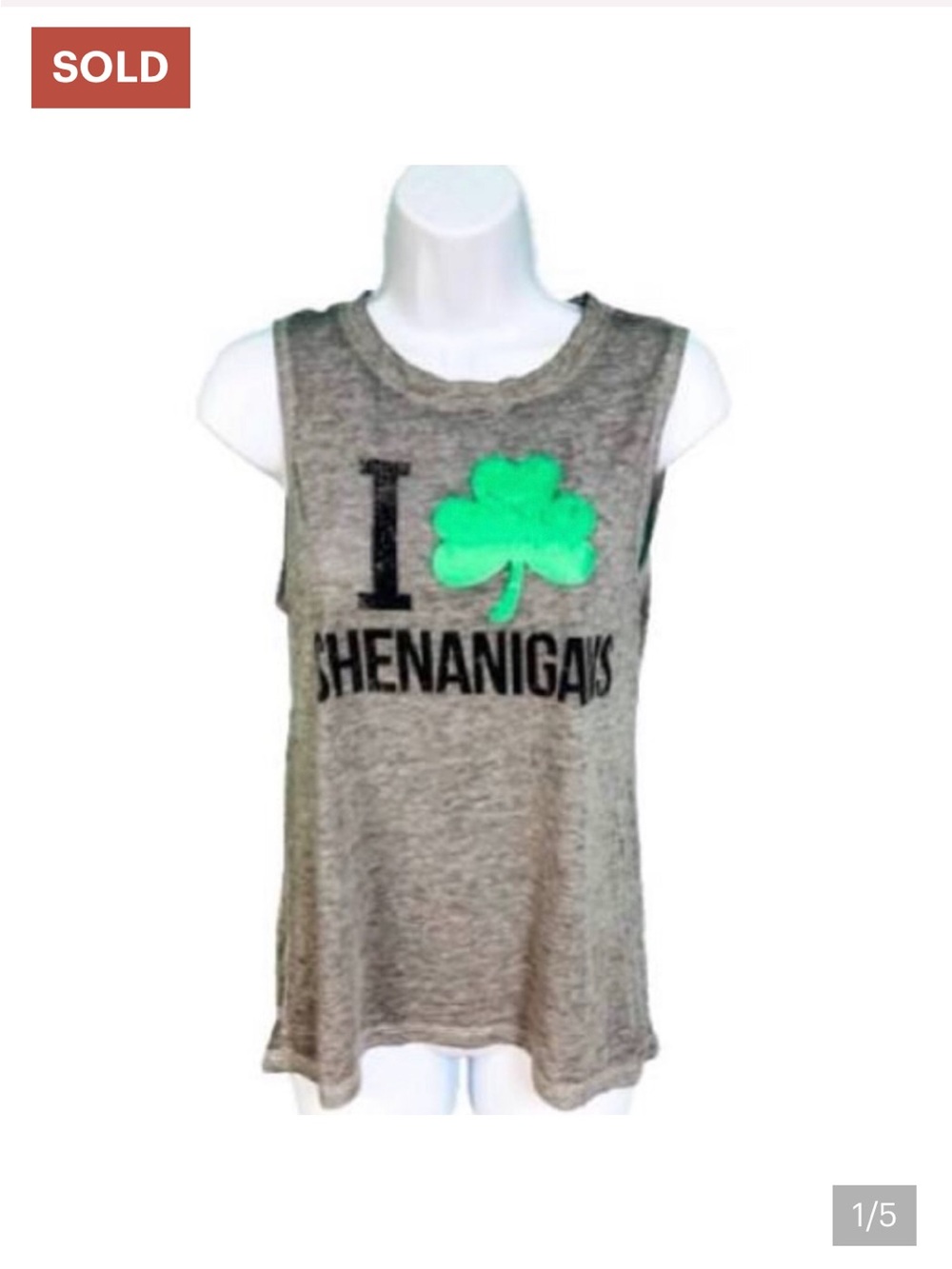 NWT Modern Lux Gray Tank Top with Green Shamrock 'Shenanigans'
